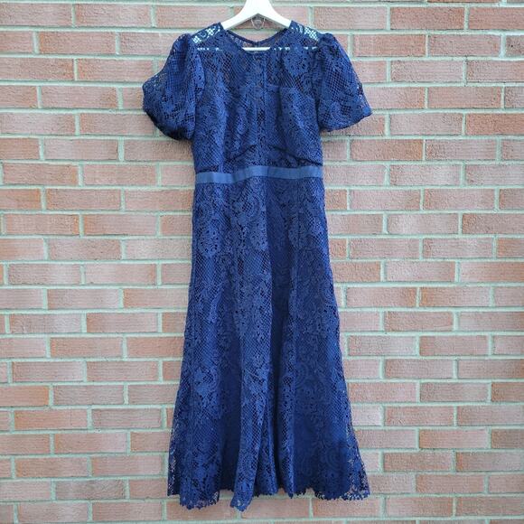 Self-Portrait Laced Puff Sleeved Midi Dress Navy size 10 - Picture 5 of 12
